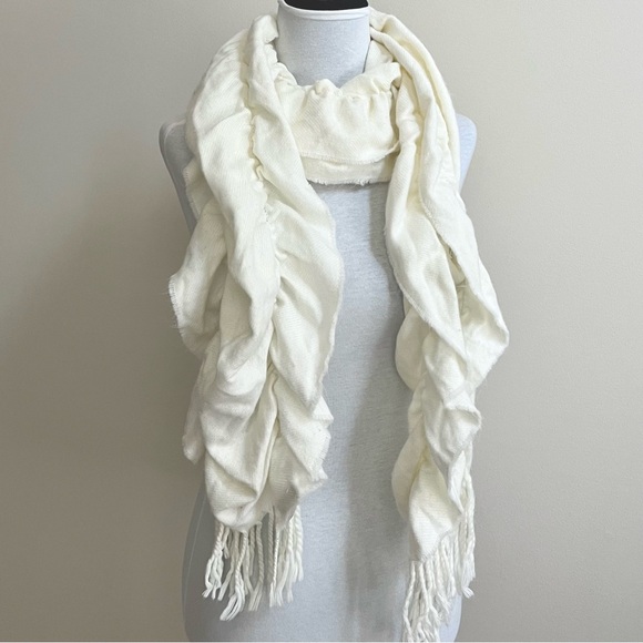 Elegant Ivory Ruffled Scarf with Fringes by Charming Charlie-L 70” x W 13” - Picture 6 of 10